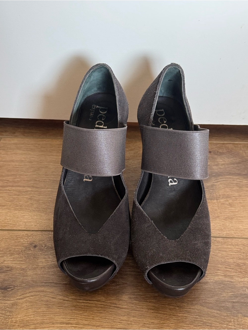 Women's Gray Suede Peep-Toe Heels with Wide Elastic Strap